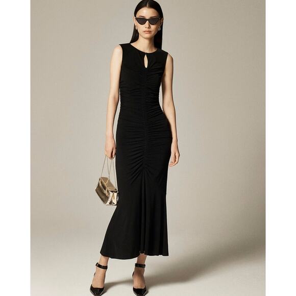J.Crew Ruched Center-Seam Dress WMNS 2XS Matte Black Keyhole Sleeveless Jersey - Picture 1 of 8